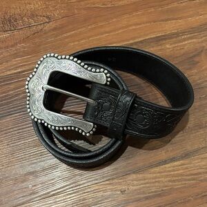 Black Leather Belt with Silver Buckle